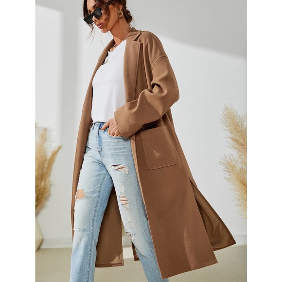 Camel tan brown pea coat Split Hem Overcoat - Picture 3 of 7